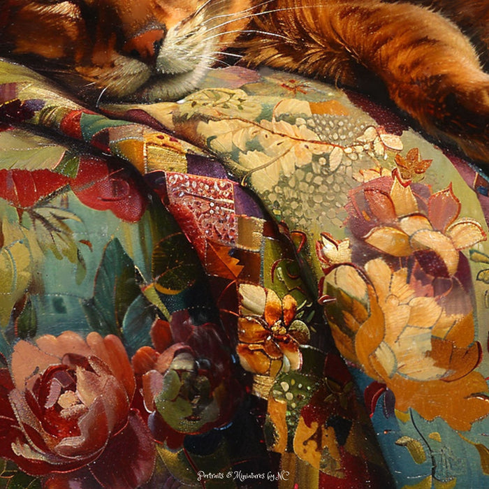 Cat lying on a floral-patterned cushion painting detail