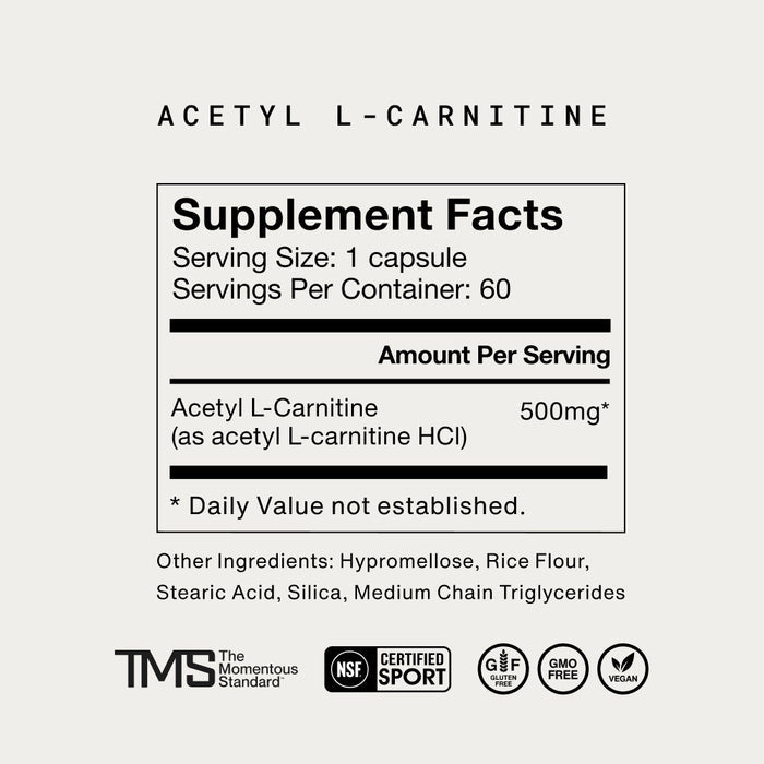 “Supplement facts label for Acetyl L-Carnitine showing serving size 1 capsule, 60 servings per container, and 500 mg of Acetyl L-Carnitine (as acetyl L-carnitine HCl) per serving. Other ingredients include hypromellose, rice flour, stearic acid, silica, and medium chain triglycerides. Includes certifications: NSF Certified Sport, gluten free, GMO free, and vegan.”