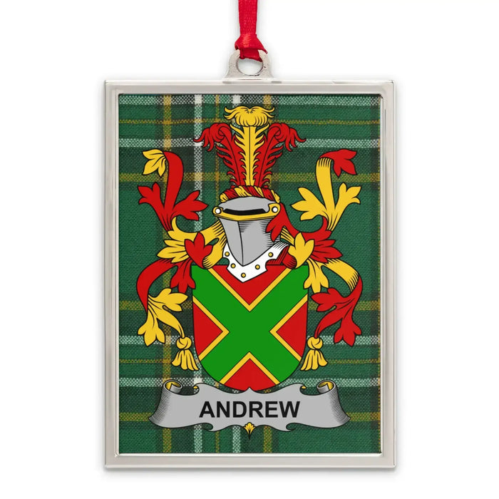 Andrew Irish family crest Christmas ornament — silver-tone portrait-frame keepsake