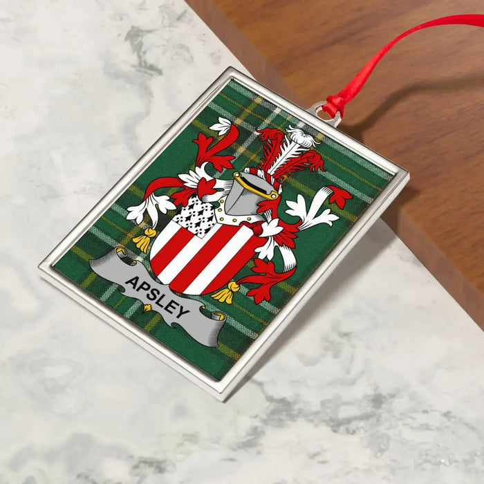 Apsley Irish family crest Christmas ornament — crest and tartan detail