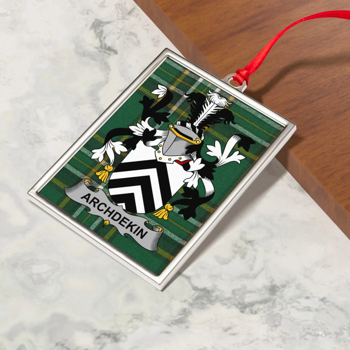 Archdekin Irish family crest Christmas ornament — crest and tartan detail