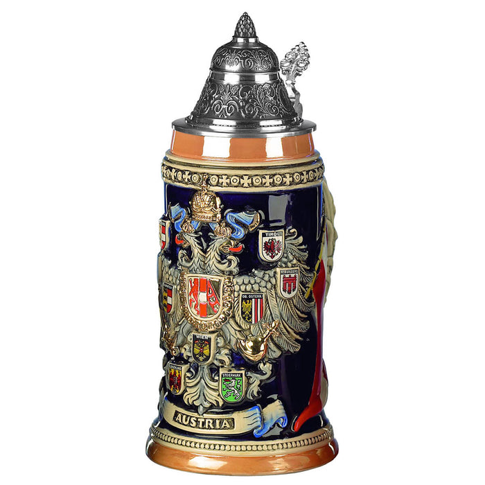 Majestic looking Beer Stein with the Coat of Arms of the Austrian Empire. and the crests of the States. The dark colored Background highlights the bright colors and the gold on the Eagle.