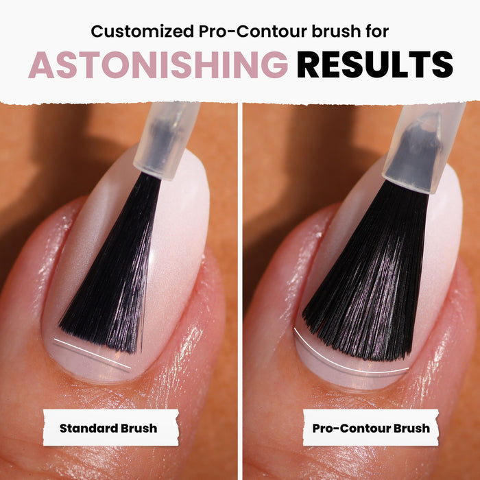 Close-up comparison of Berry Nude by LONDONTOWN reveals that the Pro-Contour Brush covers more nail surface than the Standard Brush, thanks to its wider bristles.