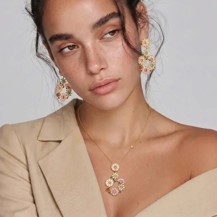 Blooming Garden Floral CZ Necklace with gold-tone chain and multicolored floral wreath pendant, paired with matching drop earrings