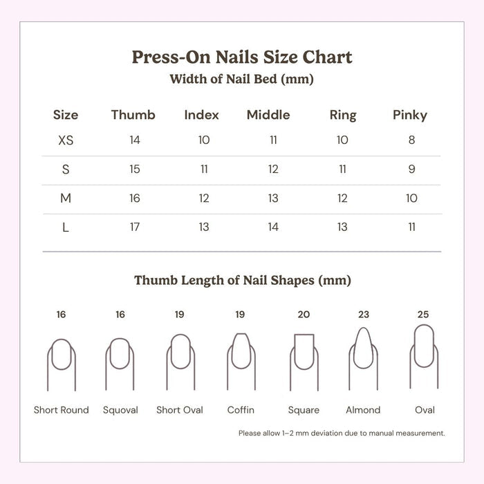 The EyeCandys Press-On Nails size chart features nail bed widths in mm for XS, S, M, and L, with thumb shape/length illustrations (16-25mm)—ideal for getting a salon gel manicure look at home.