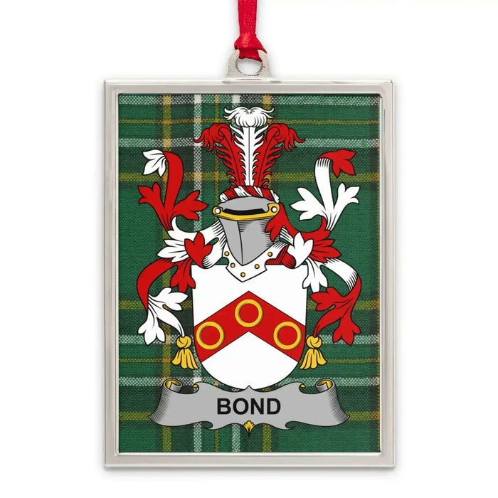 Bond Irish family crest Christmas ornament — silver-tone portrait-frame keepsake