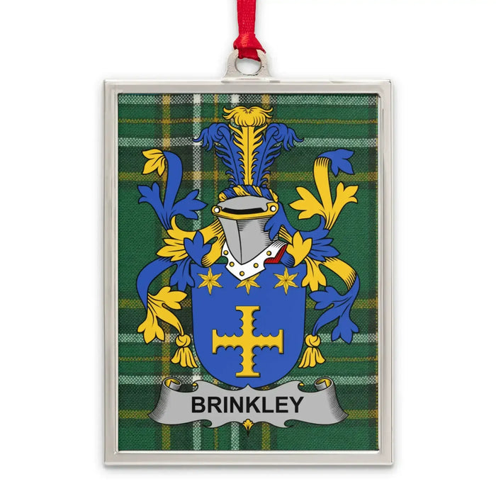 Brinkley Irish family crest Christmas ornament — silver-tone portrait-frame keepsake