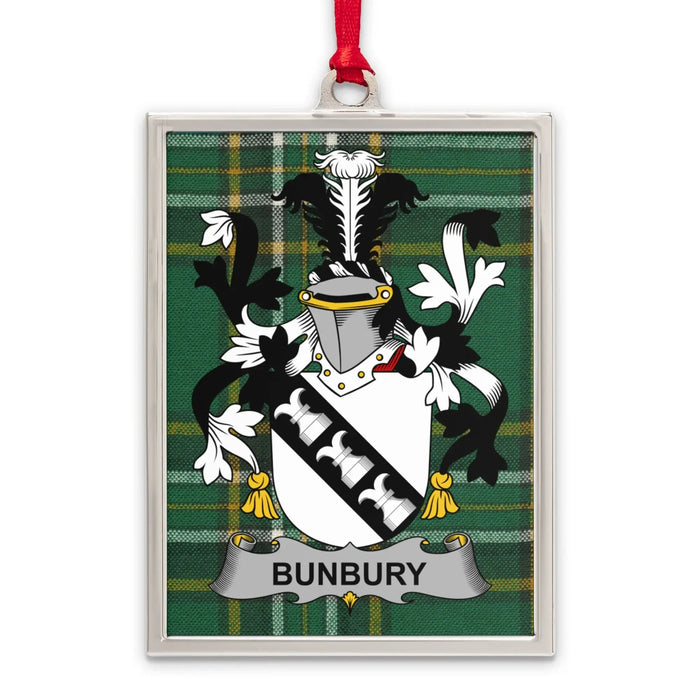 Bunbury Irish family crest Christmas ornament — silver-tone portrait-frame keepsake