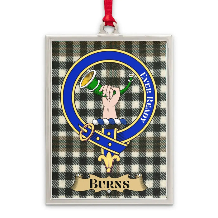 Burns tartan-background crest ornament shown as a Scottish heritage keepsake gift
