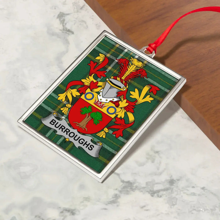 Burroughs Irish family crest Christmas ornament — crest and tartan detail