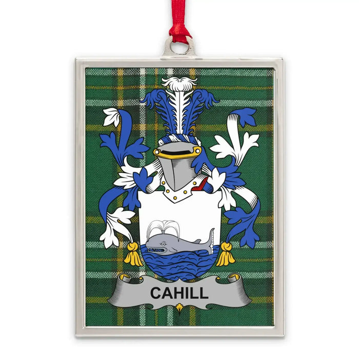 Cahill Irish family crest Christmas ornament — silver-tone portrait-frame keepsake