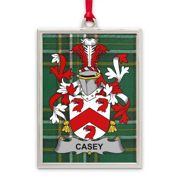 Casey Irish surname Christmas ornament in a silver-tone portrait frame.