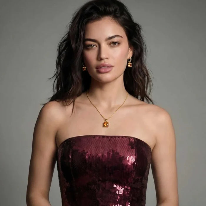 Champagne Zirconia Necklace set in gold-tone metal with a square champagne-colored pendant and matching drop earrings
