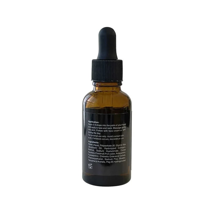 Collagen and Retinol Serum in an amber glass dropper bottle with a black cap and dark label
