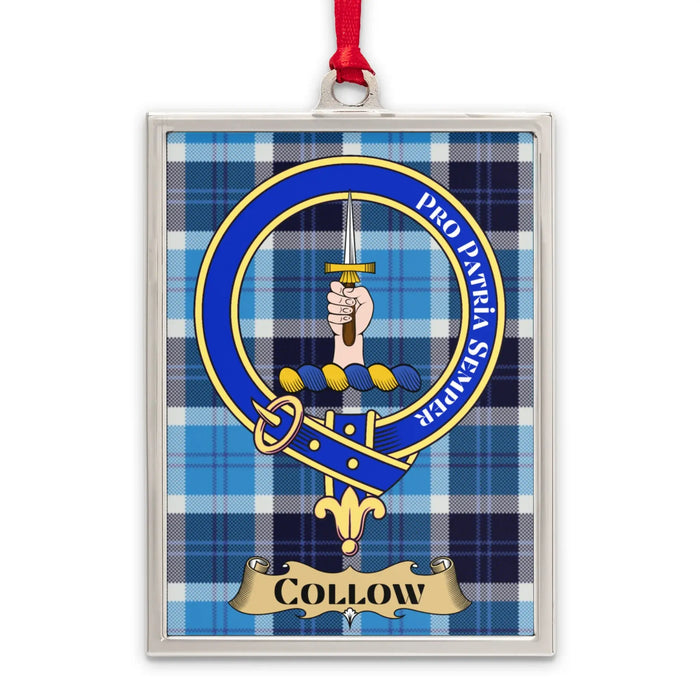 Collow tartan-background crest ornament shown as a Scottish heritage keepsake gift