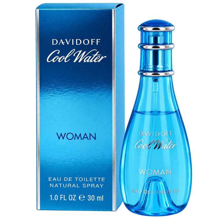Davidoff Cool Water Woman Eau de Toilette spray in a clear blue glass bottle with matching blue box and silver accents