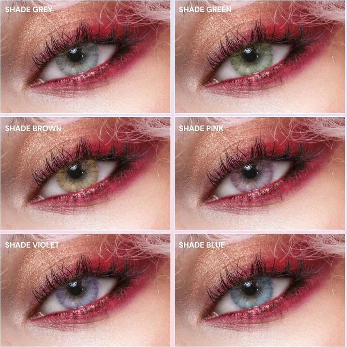 Six close-up eye images, each with pink eyeshadow and mascara, show different colored contact lenses—including high-coverage EyeCandys Shade Blue contacts—ideal for dark eyes: grey, green, brown, pink, violet, and blue.
