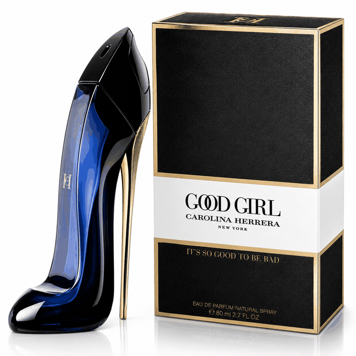 Good Girl EDP Spray in a glossy dark blue and black stiletto-shaped bottle beside a black and gold box
