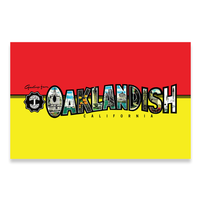 The "Greetings from Oakland Poster" by Oaklandish features a vintage-style graphic with "Greetings from OAKLANDISH California" in bold letters. A red and yellow divided background and images of Oakland landmarks within the text complete the souvenir vibe, all framed by a black border.