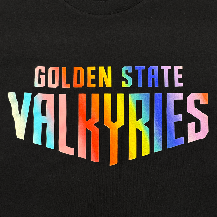 The GSV Love LS Tee by GSV is a 100% cotton long sleeve shirt featuring “GOLDEN STATE” in a yellow-to-pink gradient and “VALKYRIES” in bold rainbow-gradient all caps.