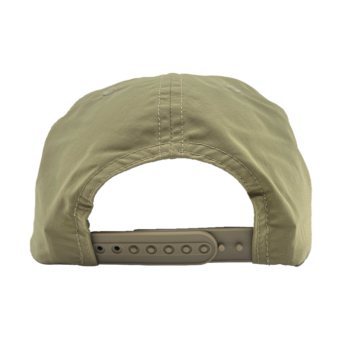 The Hiero Classic Camo Logo Hat by Other is a khaki snapback cap shown from the back with visible stitching and an adjustable plastic closure, set against a plain white background. Its classic style suits any hip-hop crew.