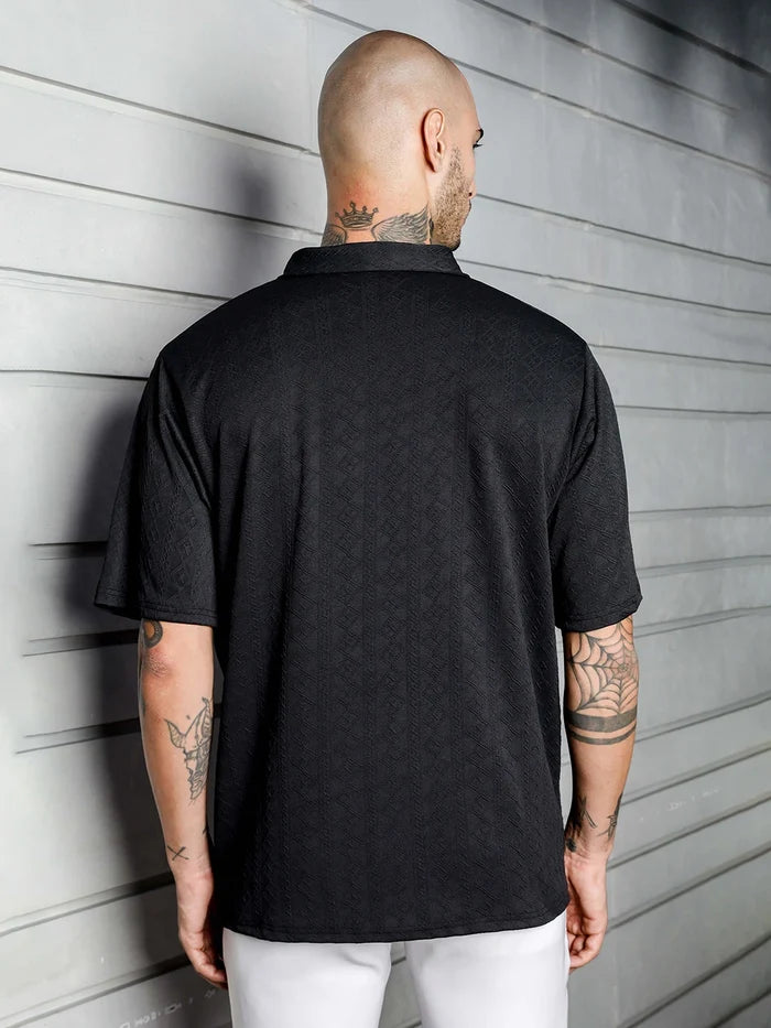 House Of Koala Black Textured Polo Neck Oversized T-Shirt