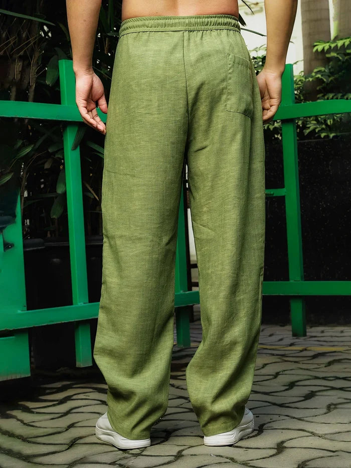 House Of Koala Matcha-Olive Linen Blend Solid Relaxed Fit All Day Trousers