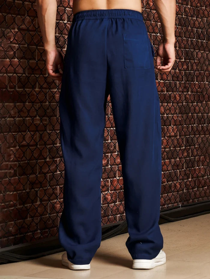 House Of Koala Navy Solid Linen Blend Relaxed Fit Trousers