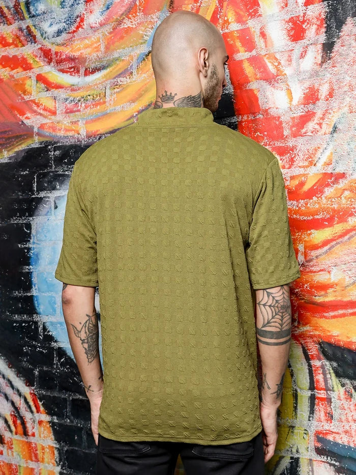 House Of Koala olive Textured V-Neck Oversized T-Shirt