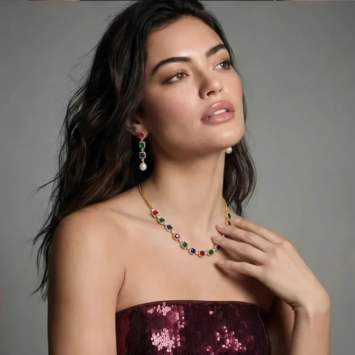 Jewel Royalty Multicolor CZ jewelry set with gold-tone chain, red, green and blue stones, and pearl drop earrings