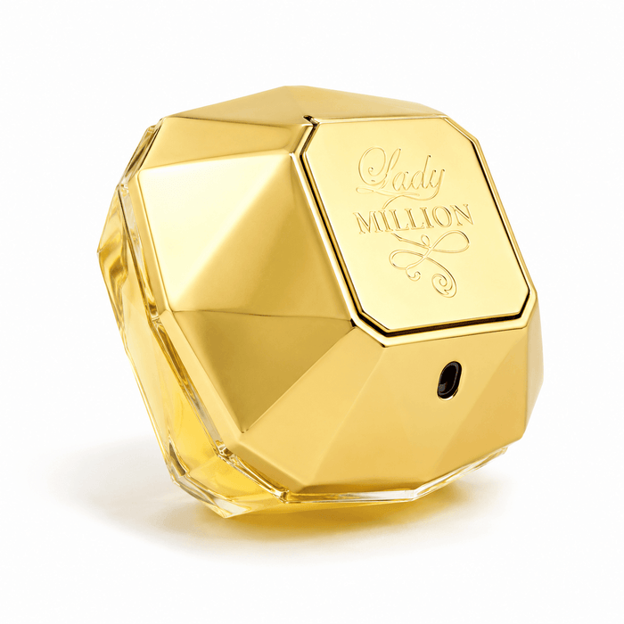 Lady Million by Paco Rabanne Eau de Parfum in a faceted gold bottle with an engraved plaque and spray nozzle