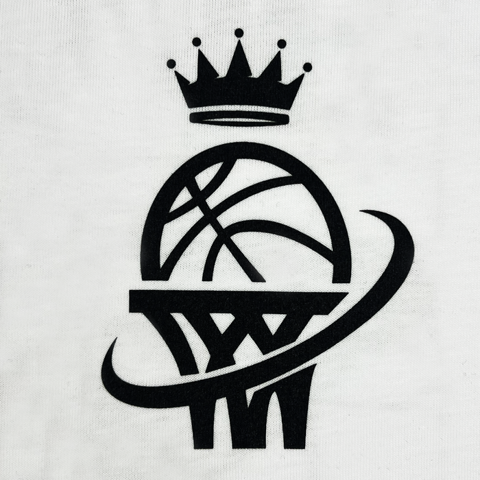 Detailed front view of WPBA white t-shirt with WPBA logo on left chest in black.