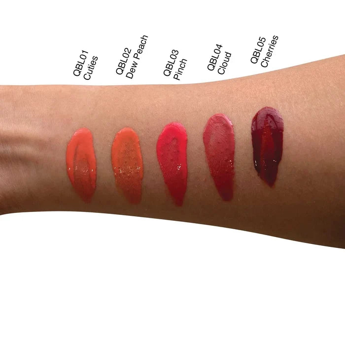 Liquid Blush - Cuties swatched as a warm coral shade on skin, with four additional liquid blush shades shown alongside