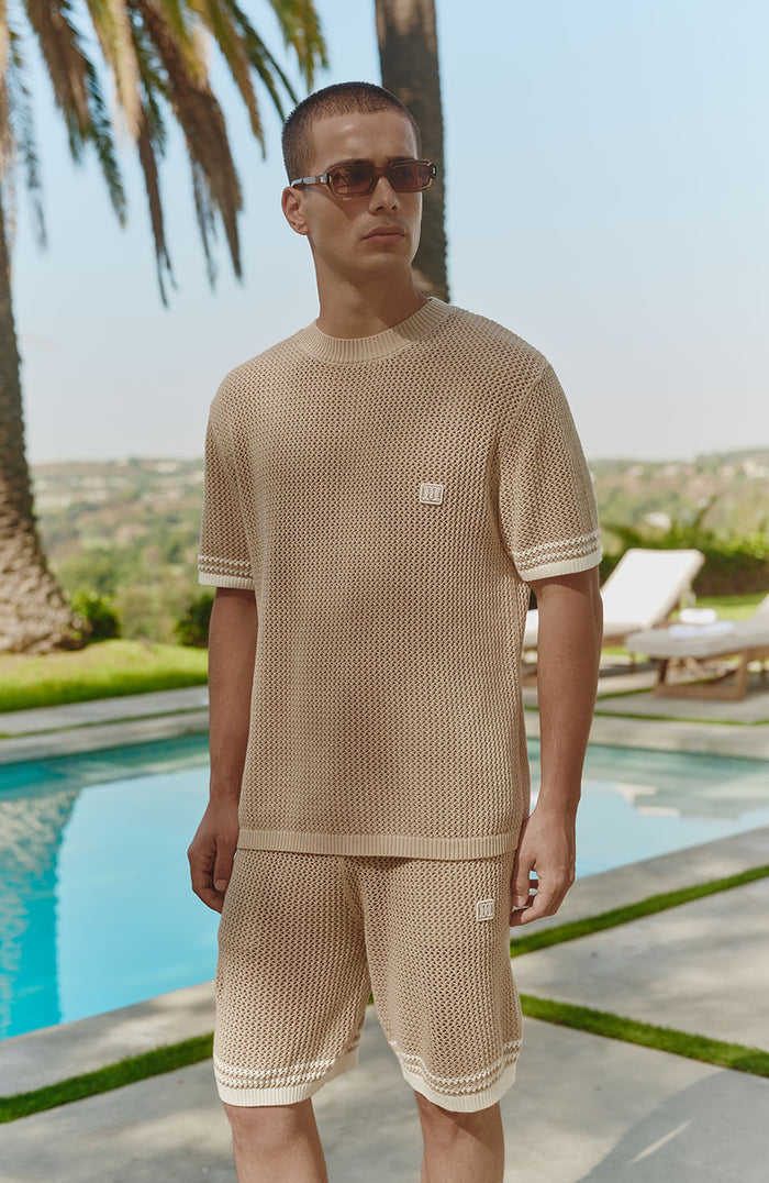 Malibu Cotton Short Sleeve Crochet T-shirt in Beige