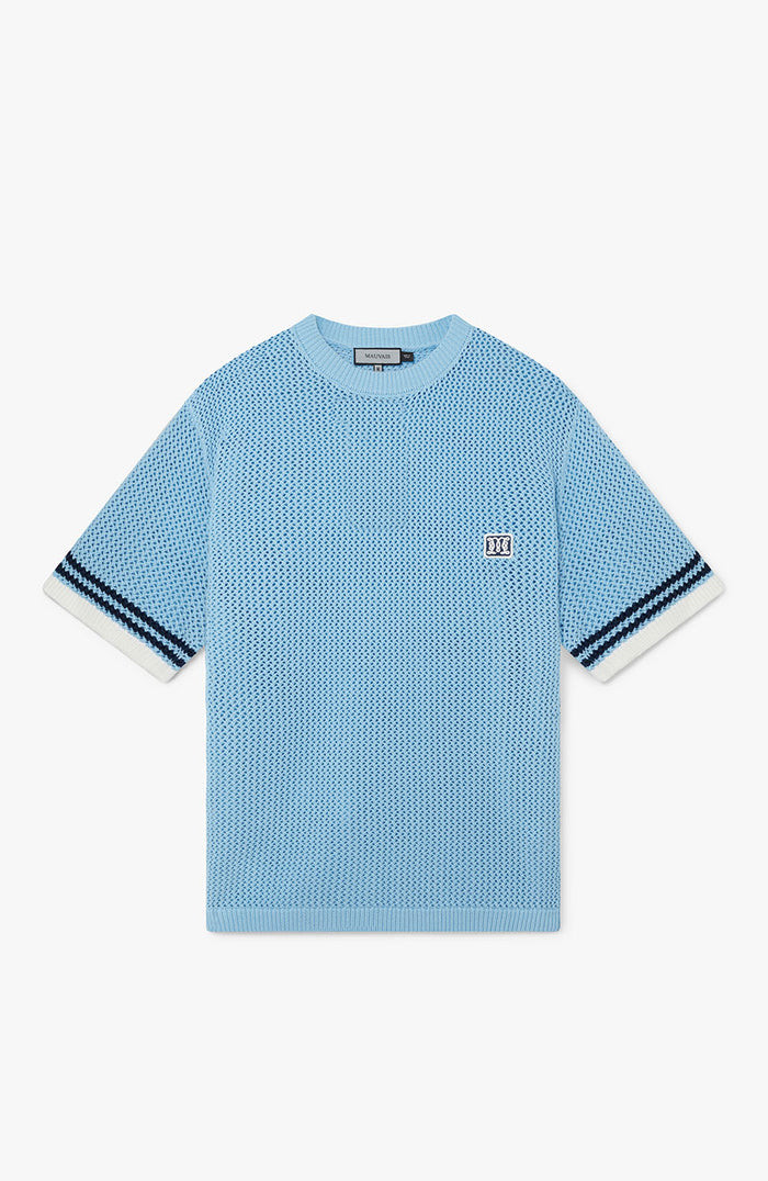 Malibu Cotton Short Sleeve Crochet T-shirt in Blue
