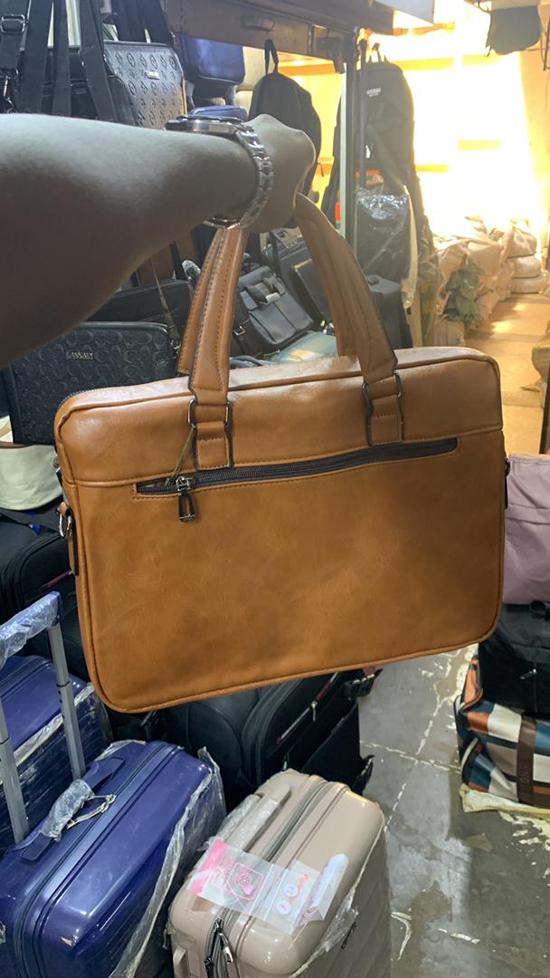 Men's Tan Leather Laptop Briefcase Bag with Dual Front Pockets