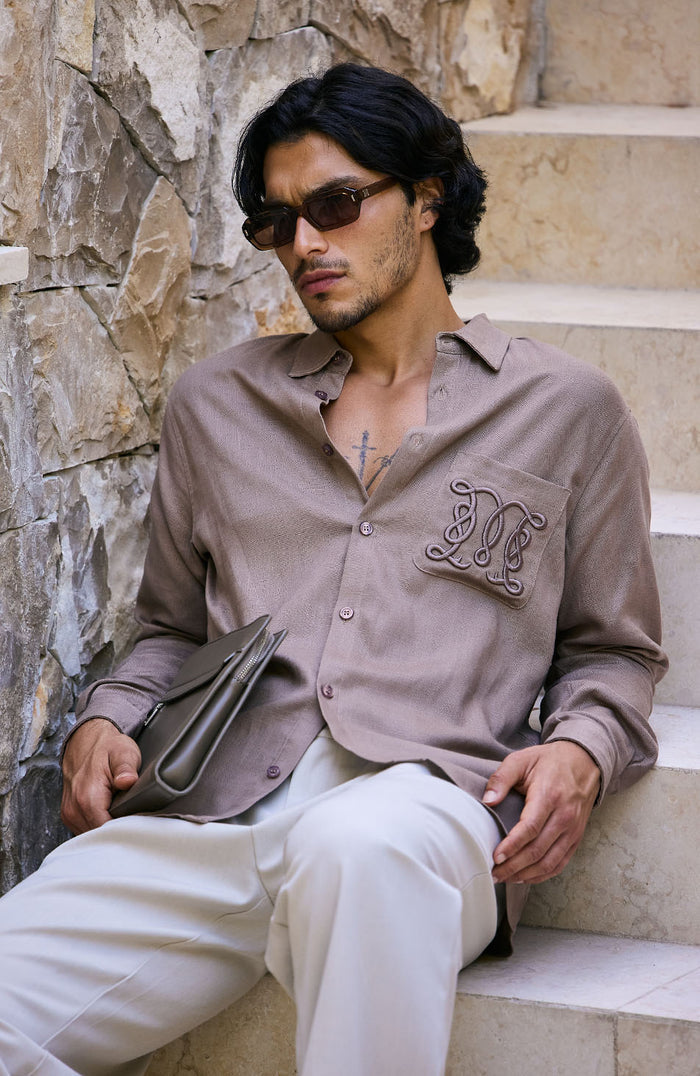 Monogram Linen Blend Embroidered Shirt in Brown