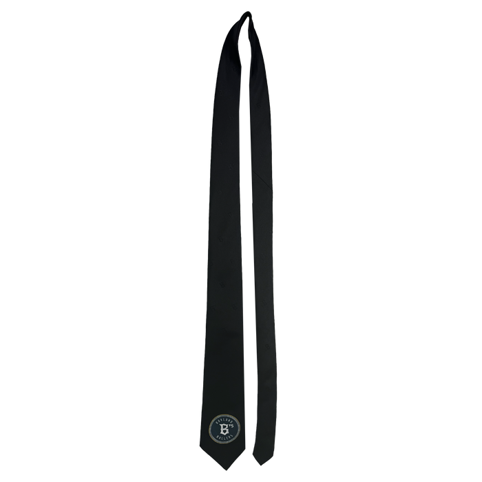 The Oakland Ballers Tie by Oakland Ballers is a black necktie featuring a monogram "B" encircled by the words "BROOKLYN NINE NINE" near the tip, blending simple design with sleek modernity. Its polished flair evokes the professional style of a baseball team like the Oakland Ballers, making it perfect for formal yet stylish occasions.