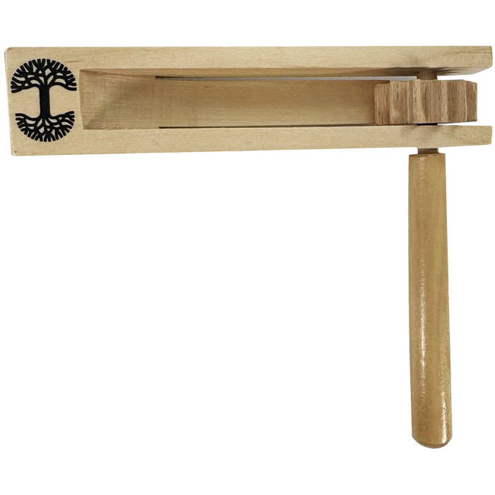 The Oakland Roots SC Matraca by Oakland Roots SC is a wooden noisemaker with a handle and rectangular body. It features a carved tree design and produces sound when spun. Crafted from light-colored wood, it's perfect for any fan's spirited enthusiasm at an Oakland Roots sports club game.