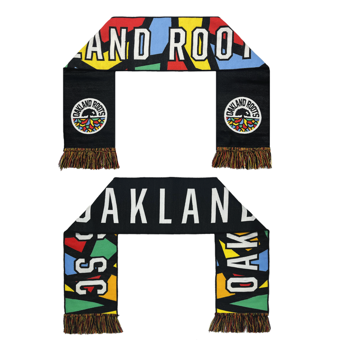 Here's a revised version of the sentence using the given product data:
Two views of the Oakland Roots SC OG HD Woven Scarf by Oakland Roots SC. One side displays "OAKLAND ROOTS" in white letters with a circular logo showing a tree and the text "OAKLAND ROOTS" below it. The reverse features "OAKLAND" in large white letters with vibrant patterns, celebrating our sports club's commitment to social good.