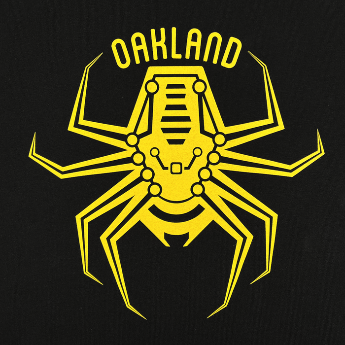 Centered on a black background, the Oakland Spiders Logo Tee features a stylized, yellow spider-like robot design. "OAKLAND SPIDERS" is boldly written above in matching yellow letters. The robot's futuristic appearance is highlighted by geometric shapes and intricate lines, making it an ideal choice for family-friendly events and Ultimate Frisbee fans. Brought to you by Supported Brands.