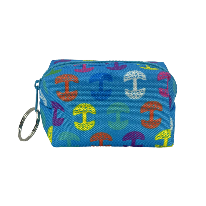 The Oaklandish Repeat Tree Mini Dopp is a small rectangular blue pouch adorned with vibrant geometric patterns, including semicircles and dots in red, green, yellow, and blue. This mini key chain pouch features a zippered compartment on top and has a silver keyring attached to one side for convenient carrying or attachment.