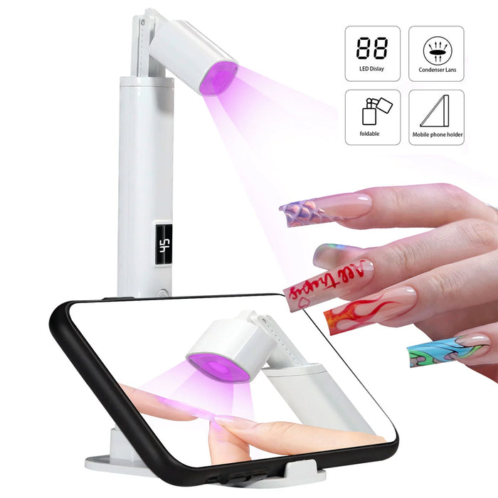 3-in-1 nail linear light showing UV lamp mode, transfer printing function, and phone holder stand with LED display
