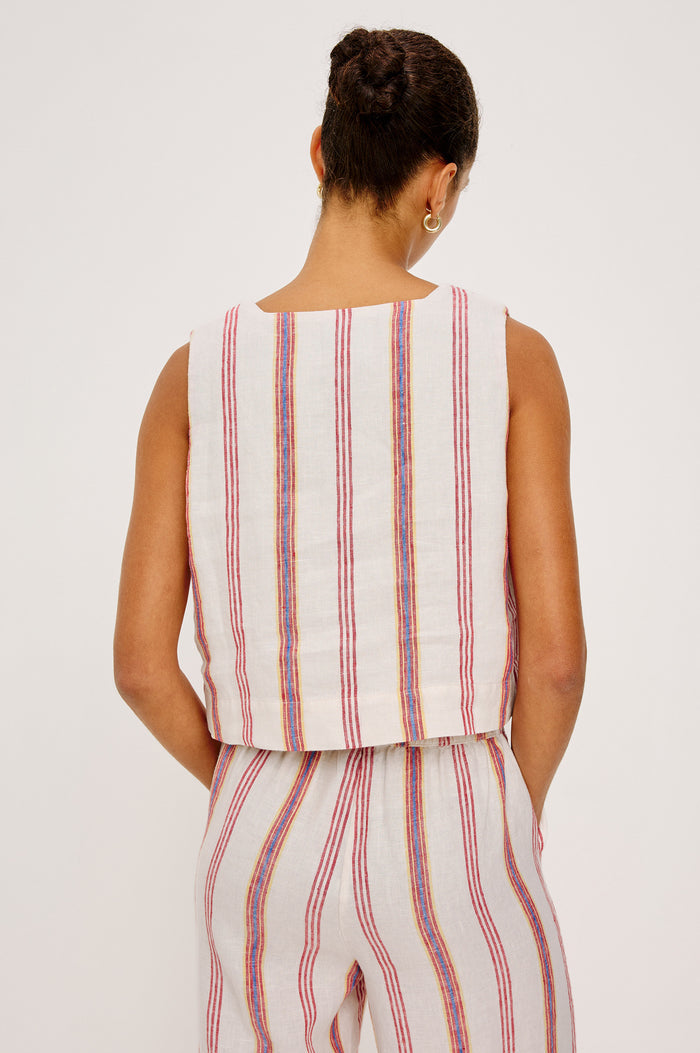 Akira Tank Top in Linen With Square Neckline, Wide Fixed Shoulder Straps, and Cropped Loose Fit in Primavera Stripe Colorway - Upper Body Back VIew Featured on Model