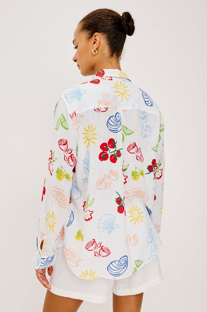 Charli Button-Up Shirt in Linen Blend With Collar, Long Sleeves, Relaxed Fit, and Single Chest Patch Pocket in White Antipasti Colorway - Upper Body Back View Featured on Model
