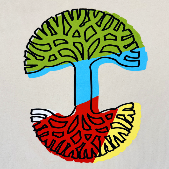 The Scrawl Tee by Oaklandish features an abstract mushroom cross-section with maze-like lines, green cap, blue stem, and red-yellow gills on heavy-weight cotton in off-white. Classic fit men's t-shirt.