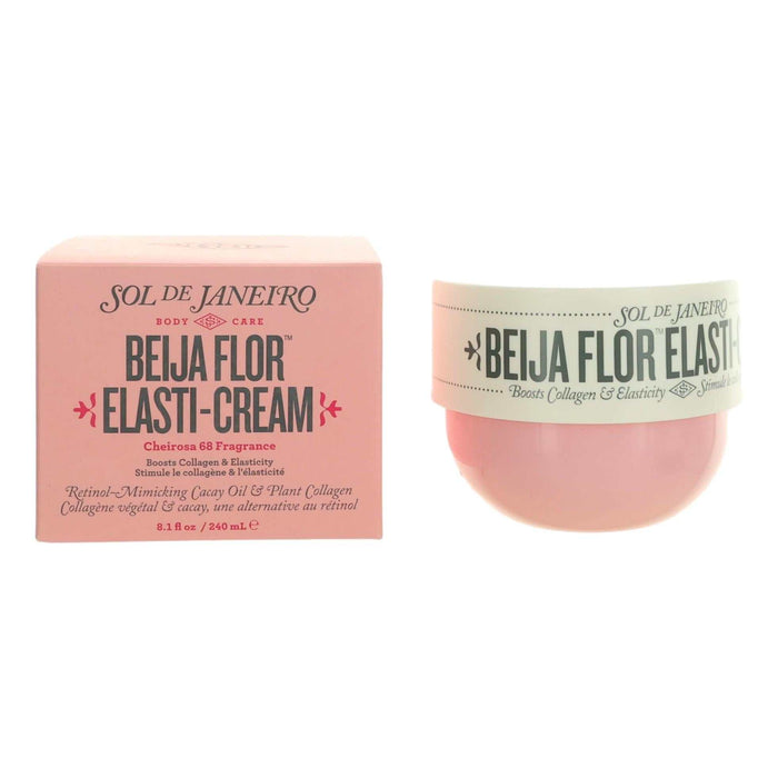Beija Flor Elasti-Cream body cream in a pink jar with a pale green label and matching pink box, beija flor elasti cream