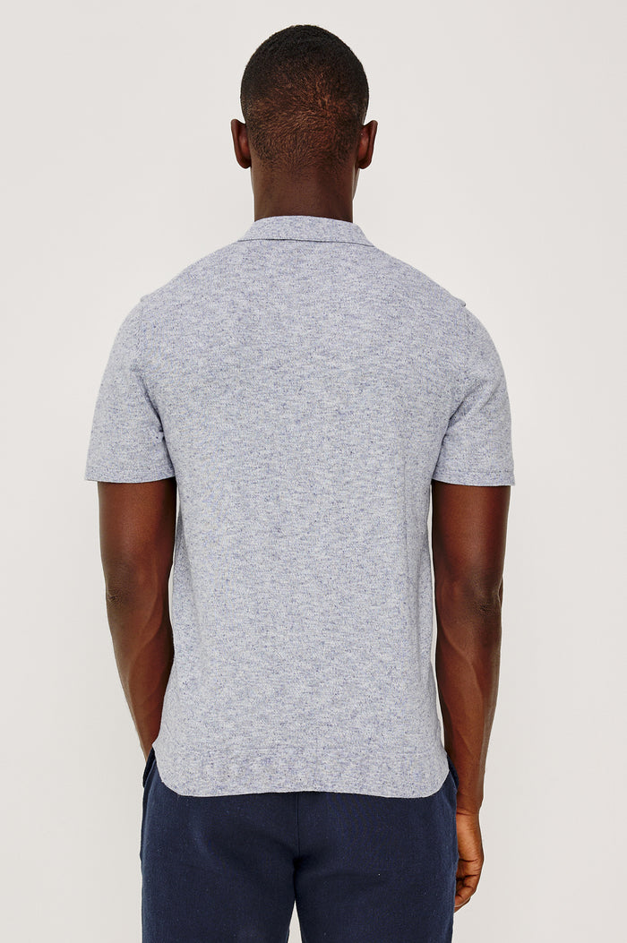 Torin Polo Shirt in Soft Heathered Jersey With Collar, Half Placket, and Short Sleeves in Tidal Haze Colorway - Upper Body Back View Featured on Model
