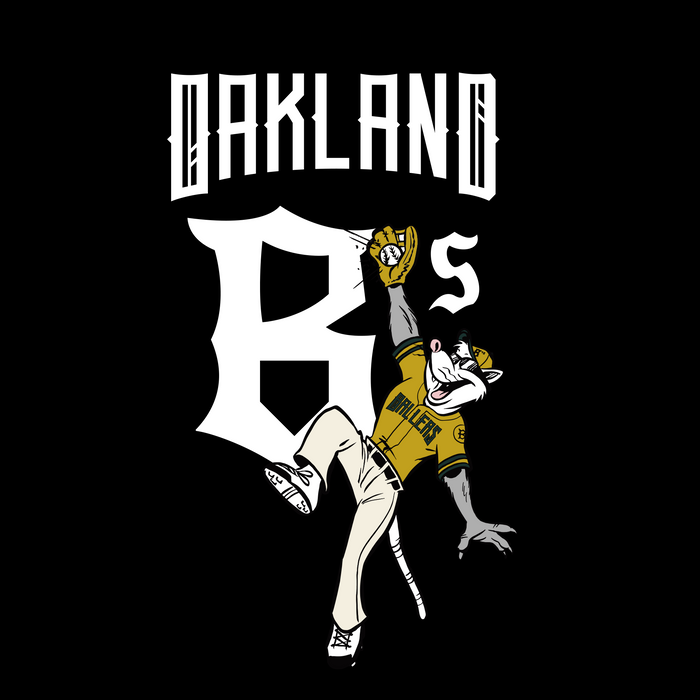 A cartoon tiger wearing a yellow “Oakland” jersey leaps to catch a baseball in this Women’s Scrappy Jumps Tee by Other, featuring bold white “OAKLAND” lettering and a blocky capital “A’s” inspired by the Oakland Ballers logo, all set on a solid black background.