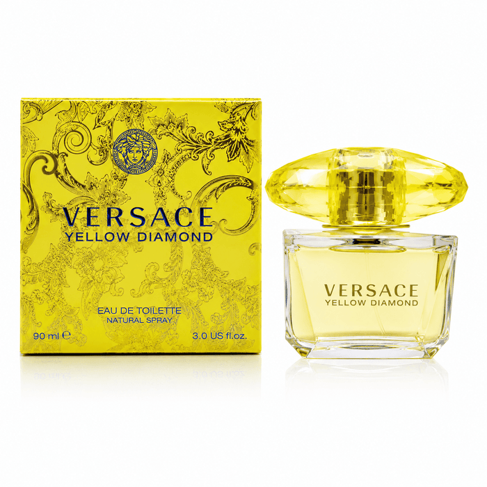 versace yellow diamond Eau de Toilette in a clear glass bottle with a faceted yellow cap and ornate yellow box